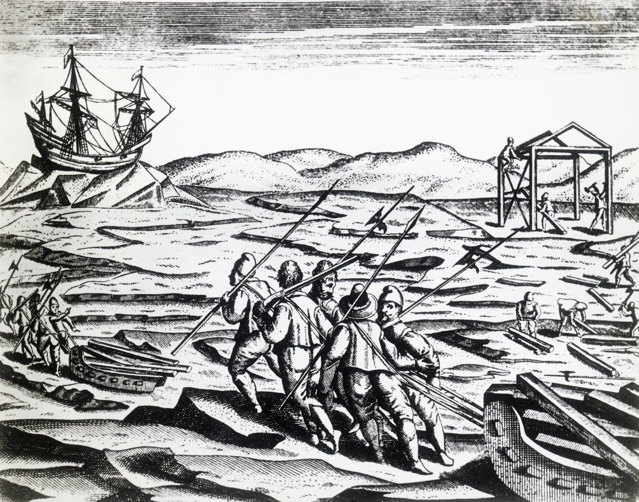 Ekspedisjon ledet av William Barents (ca 1550-1597) på jakt etter Nordøstpassasjen, fra Peregrinationes, av Theodor de Bry (1528-1598), gravering av Theodore de Bry