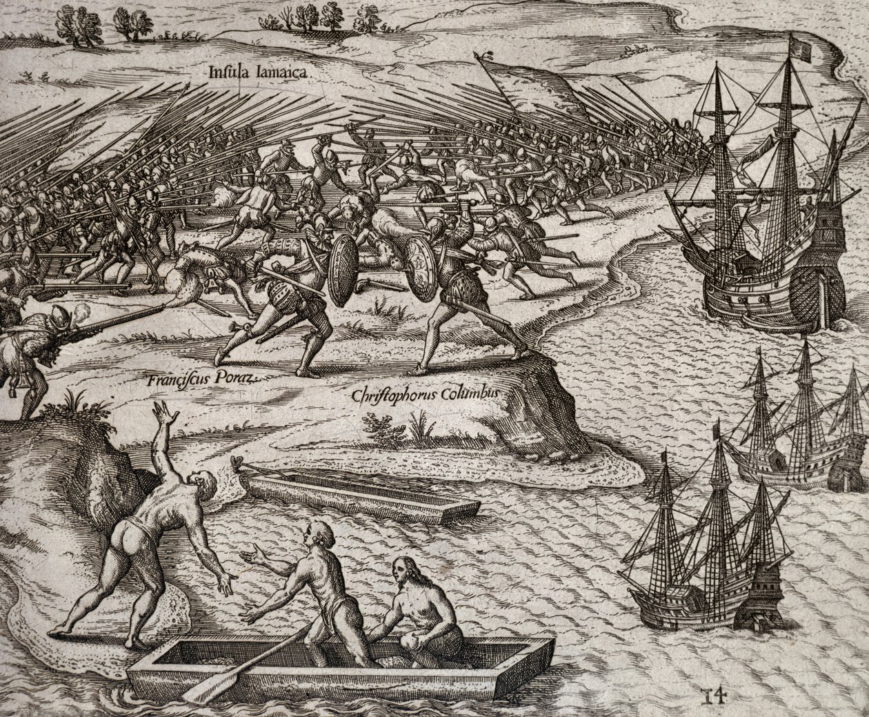 Kamp mellom Christopher Columbus og Francesco Poresio på Jamaica, gravering av Theodor de Bry (1528-1598) av Theodore de Bry