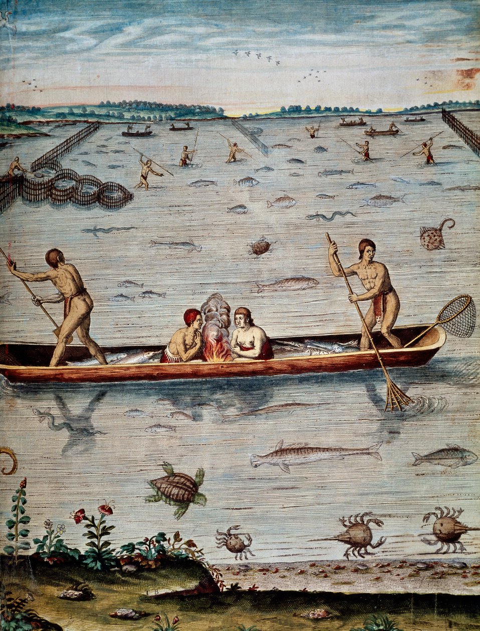 Fisketeknikker til de innfødte i Virginia, gravering av Theodor de Bry (1528-1598) fra Admiranda narrative trust tamen, commodis et de incolarvm ritibvs Virginae av Theodore de Bry