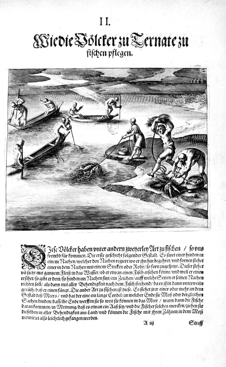Fiske med indianere, 1606 av Theodore de Bry