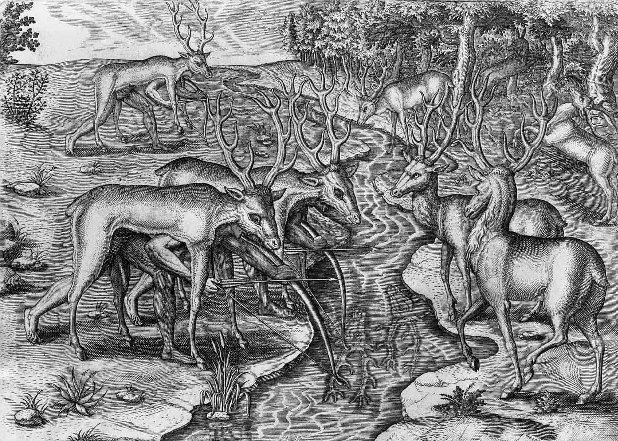Florida-indianere på jakt, forkledd som hjort, USA, gravering av Theodor de Bry (1528-1598) av Theodore de Bry