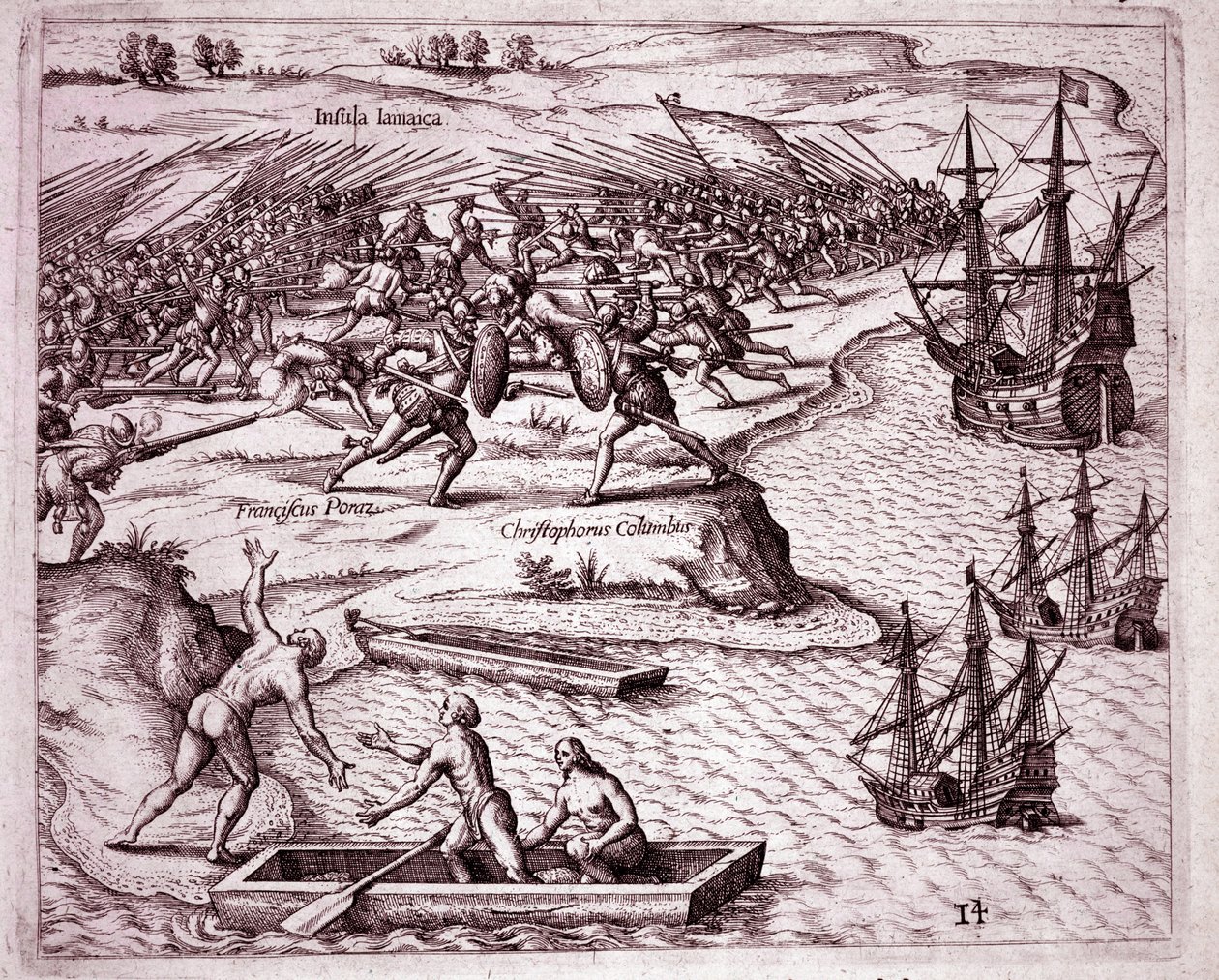 Fjerde reise til Christopher Columbus på øya Jamaica i 1503 (gravering av Theodore de Bry