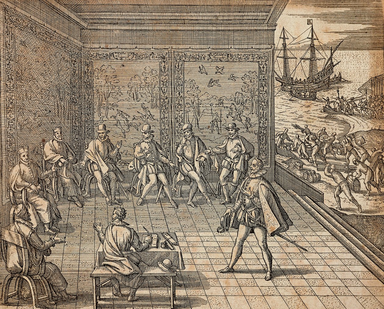 Francisco Pizarro forbereder seg på sin ekspedisjon til Sør-Amerika, av Theodor de Bry av Theodore de Bry