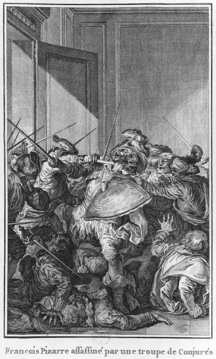 Francisco Pizarro myrdet av en hær av konspiratorer, 1541 av Theodore de Bry