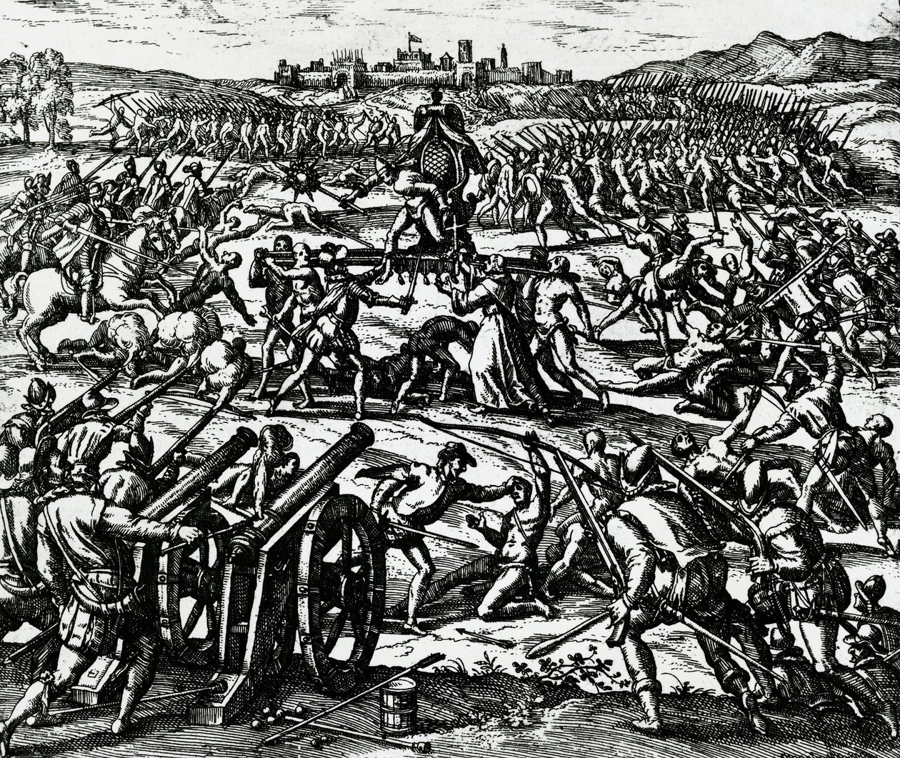 Francisco Pizarros (ca 1475-1541) tropper som fanget inkakeiseren Atahualpa under slaget ved Cajamarca, 16. november av Theodore de Bry