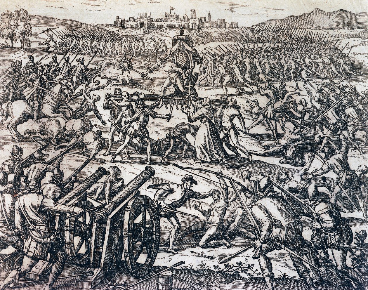 Francisco Pizarros (cirka 1475-1541) tropper som fanget inkakeiseren Atahualpa under slaget ved Cajamarca, 16. november av Theodore de Bry
