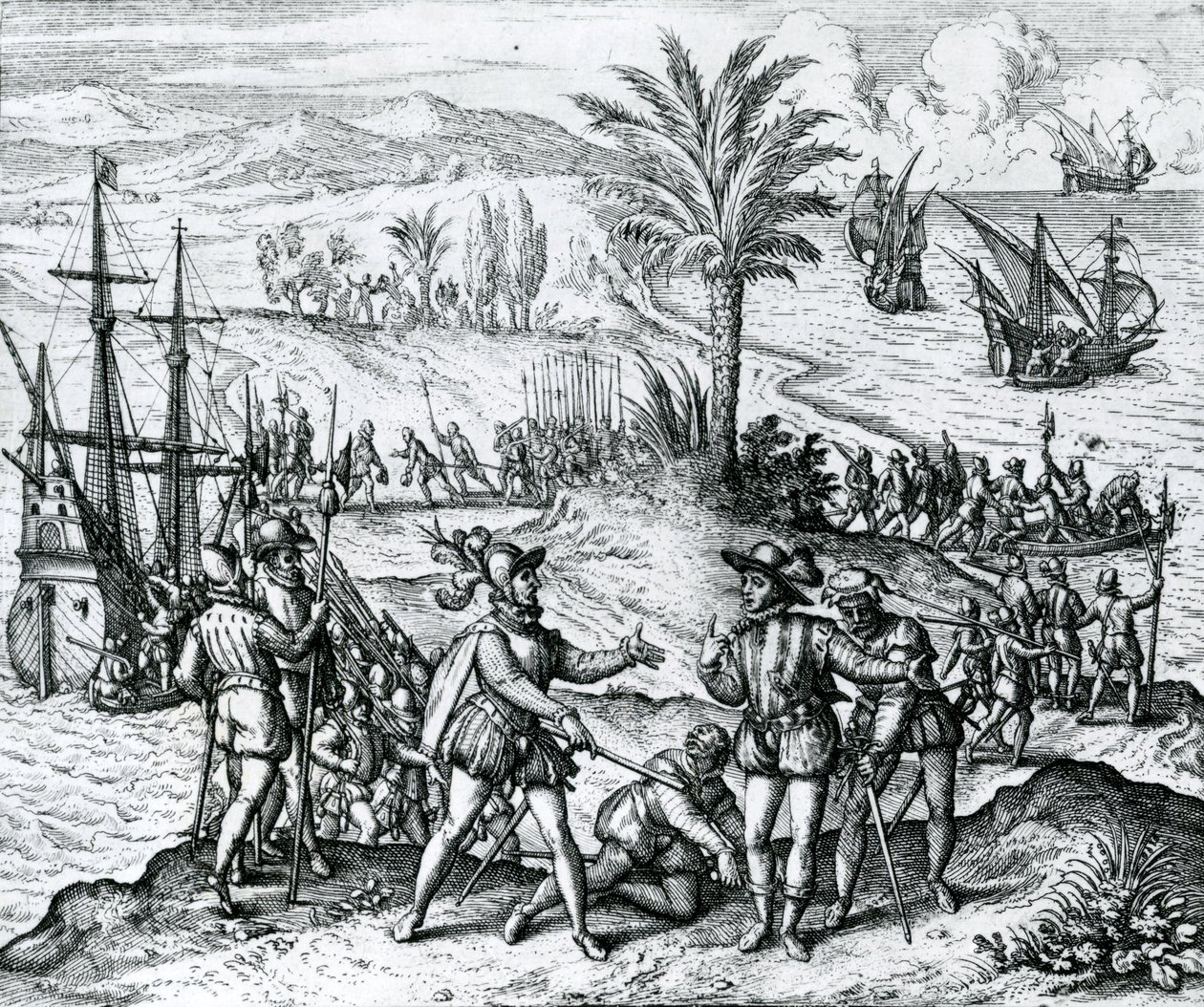Francisco de Bobadilla ankommer som guvernør og arresterer Christopher Columbus (1451-1506) i Hispaniola, 1500, 1590 av Theodore de Bry