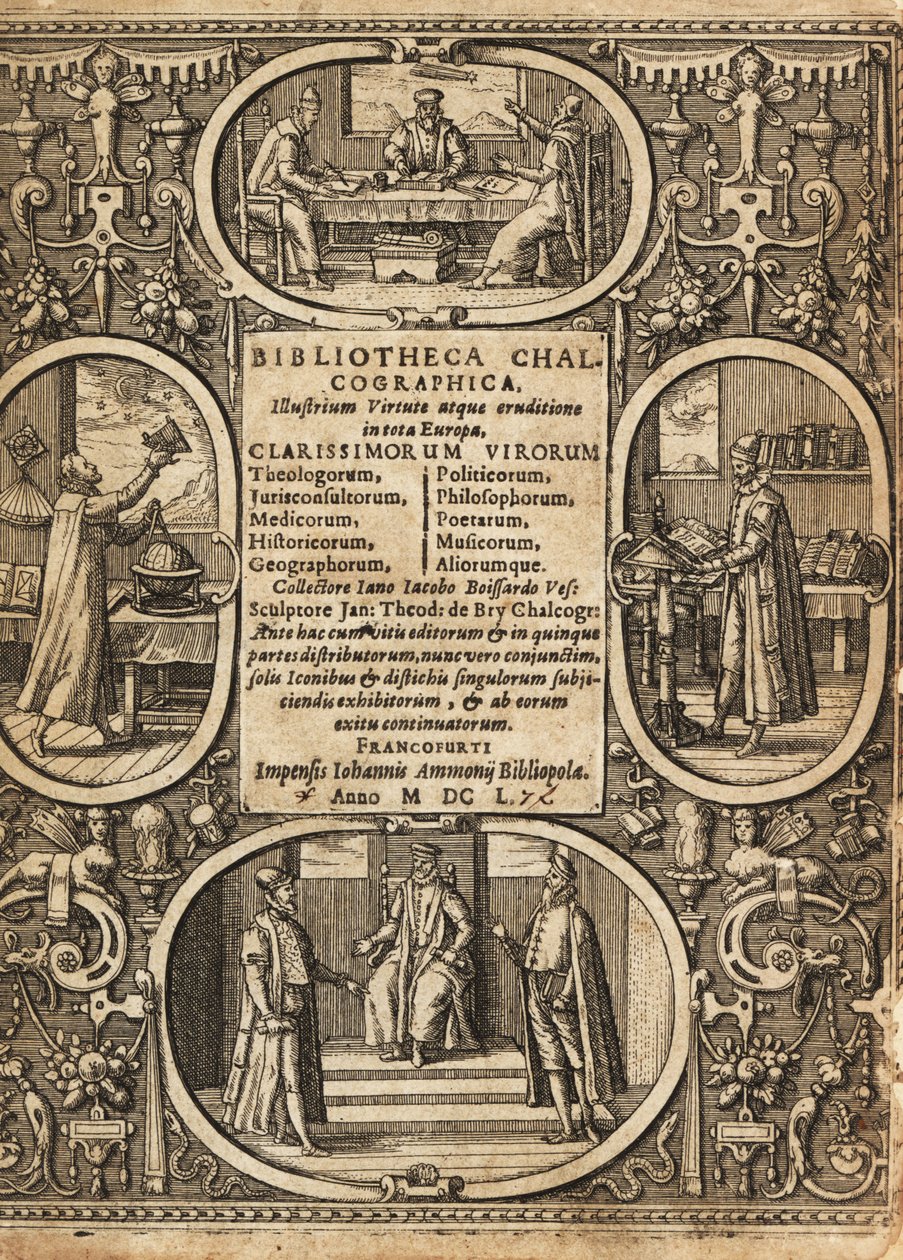 Frontispice med vignetter av forskere innenfor grenser. av Theodore de Bry