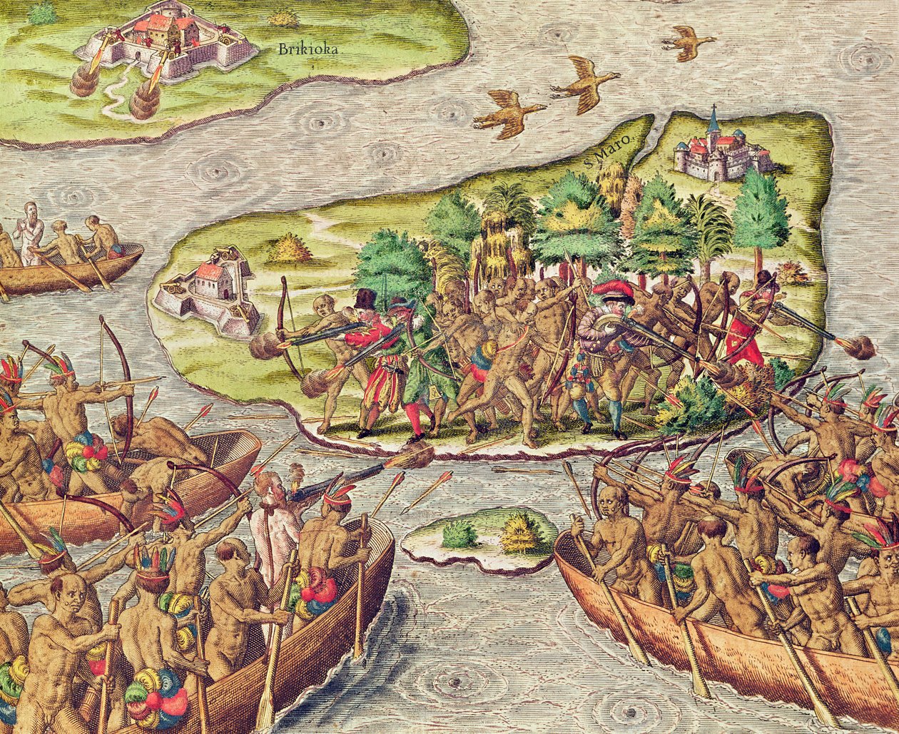 Hans Staden blir tatt til fange av indianere i Brasil av Theodore de Bry