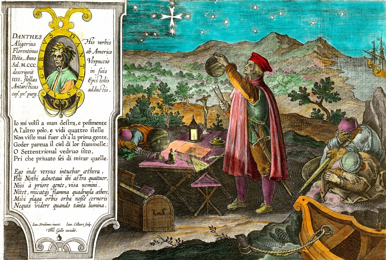 Amerikas historie: Amerigo Vespucci (Americus Vespucius) (1451/1454-1512), italiensk kjøpmann og navigatør bruker sin astrolabium for å måle Sørkorset. Venstre portrett av den italienske poeten Dante Alighieri (1265-1321) og en passasje av den første sange av Theodore de Bry