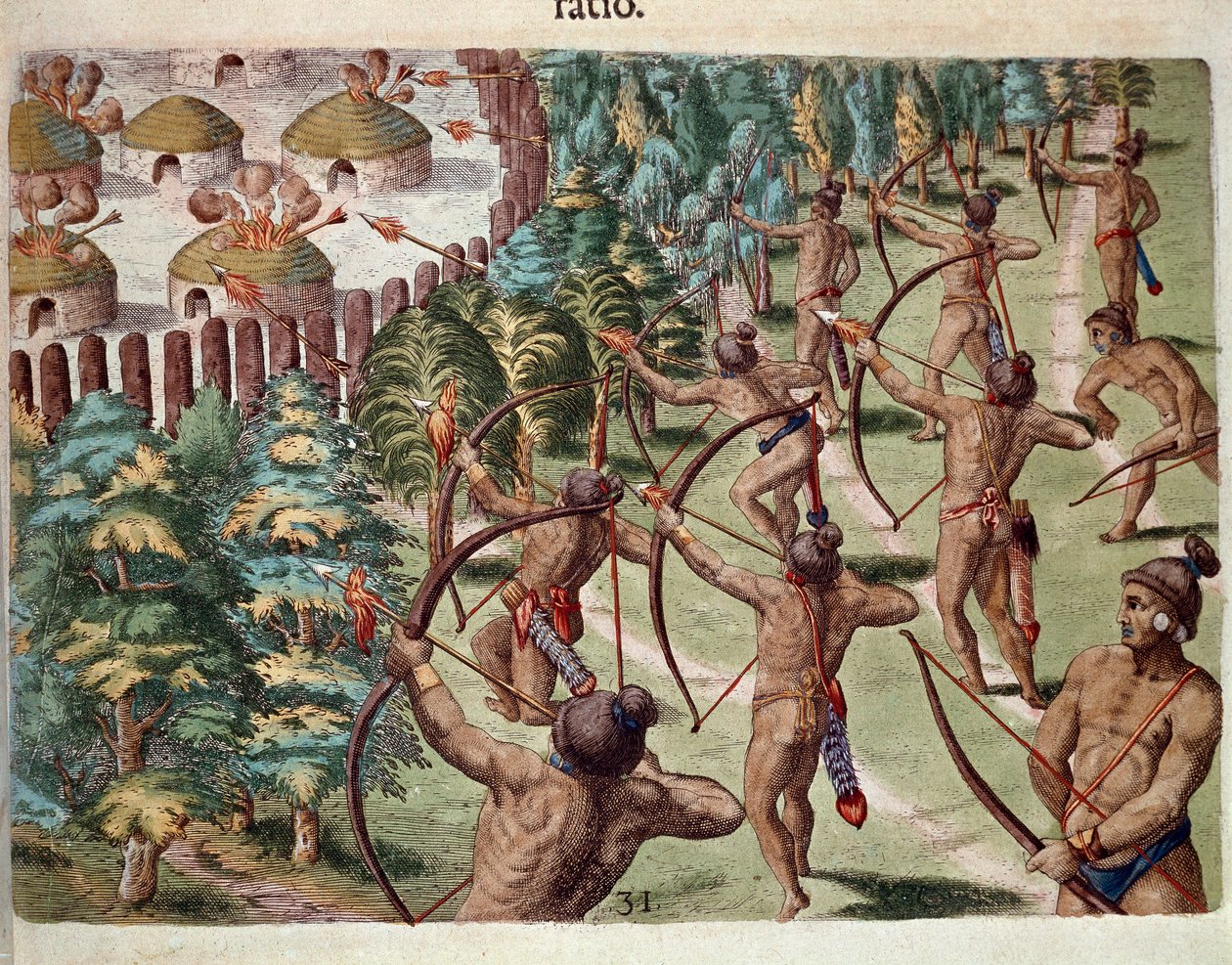 Amerikas historie: "" En indianerstamme angriper en landsby i Florida om natten"" Gravering fra "" Admirante Narratio Americae"" av Theodore de Bry (1528-1598) av Theodore de Bry