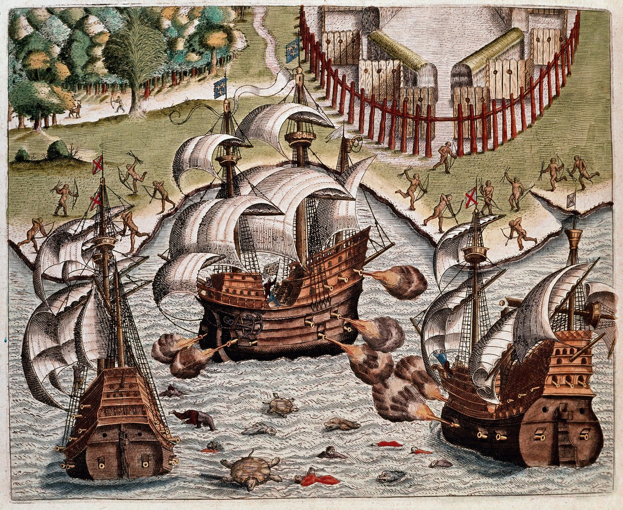 Amerikas historie: "" Slaget mellom de portugisiske flåtene og de franske flåtene utenfor kysten av Brasil i Potiguarhavet"" Resit av reisene til Hans Staden, tysk oppdagelsesreisende som dro med de spanske flåtene til Brasil, tatt til fange av Tupinamba I av Theodore de Bry