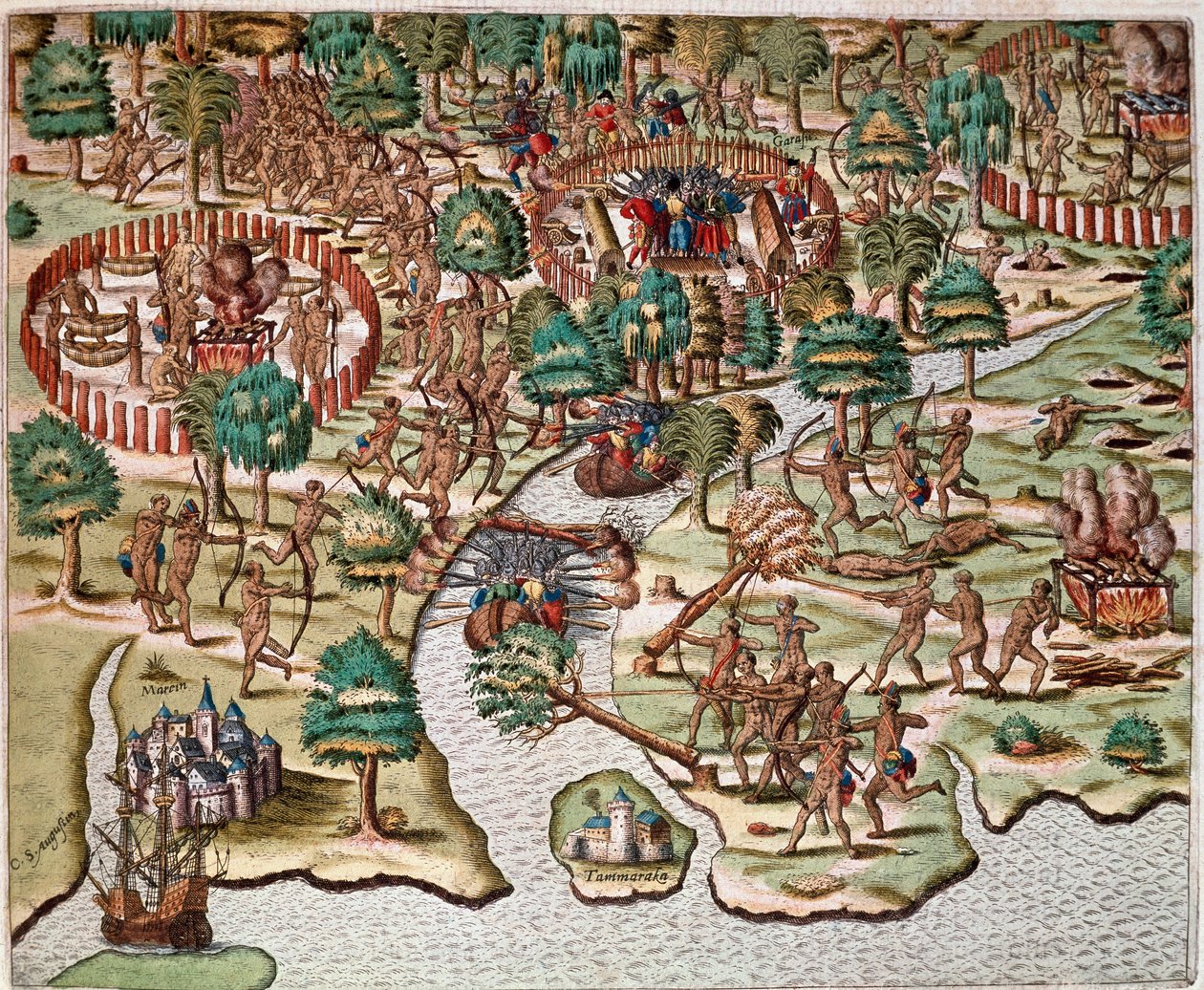 Amerikas historie: "" Beskrivelse av metoder for beleiring og angrep, indianere som kjemper mot spanske armees"" Resit av fangenskapet til Hans Staden, tysk oppdagelsesreisende som dro med de spanske flåtene til Brasil, tatt til fange av Tupinamba-indianer av Theodore de Bry