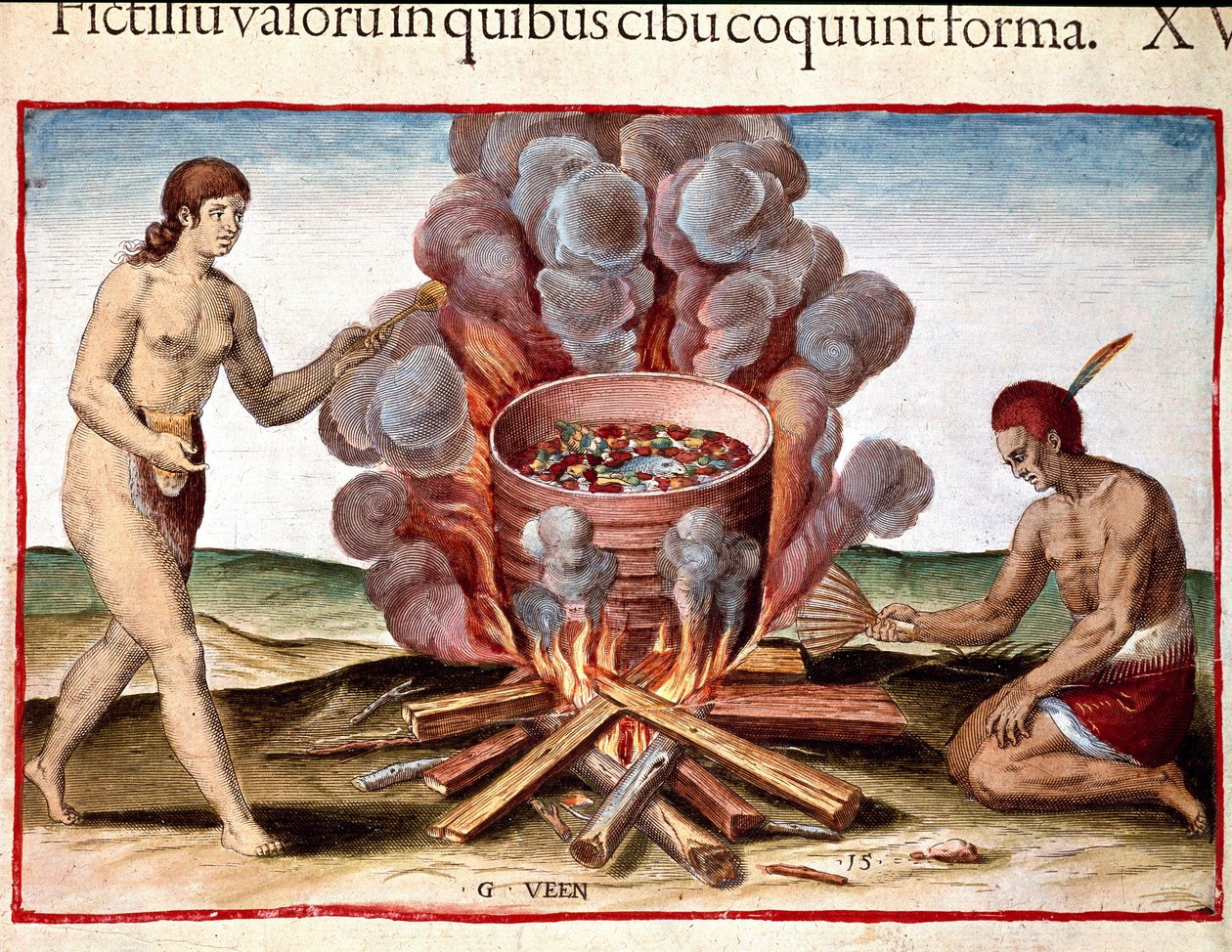 History of America: "Indian Cooking Fish"-gravering fra "The Admirable Narrative of America" ​​av Theodore de Bry (1528-1598) av Theodore de Bry