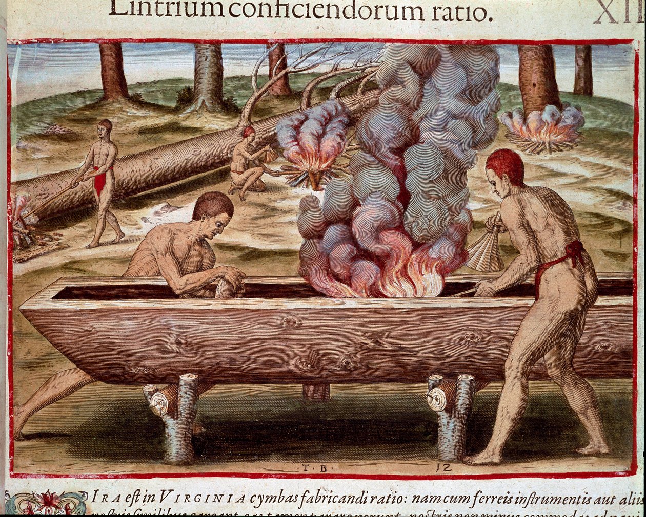 History of America: "Indians Building Boats"" Gravering fra "Admirante Narratio Americae" av Theodore de Bry (1528-1598) av Theodore de Bry