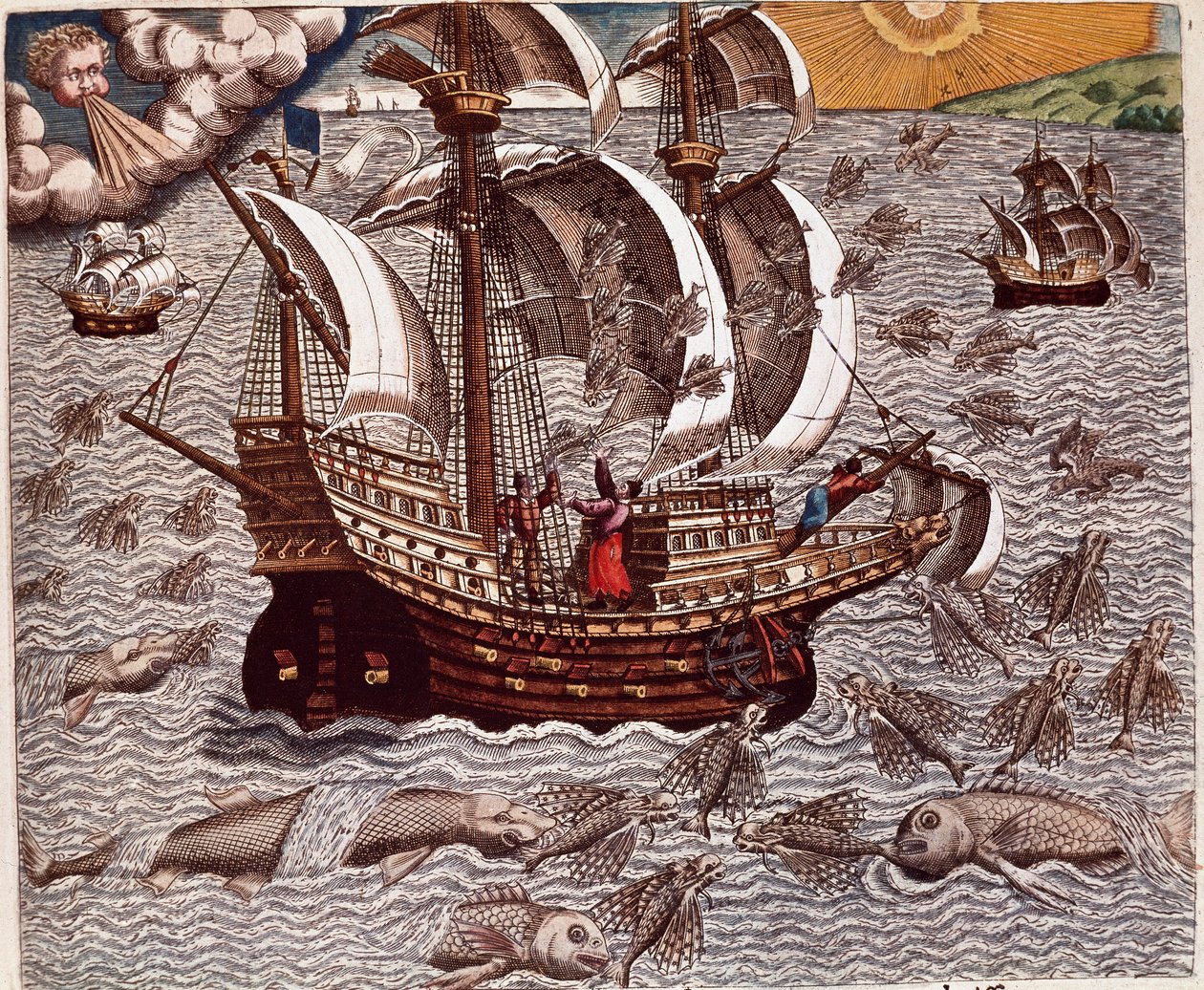 Amerikas historie: "" Reise med spanske karaveller omgitt av flygende fisk"" Resit av reisene til Hans Staden, tysk oppdagelsesreisende som dro med de spanske flåtene til Brasil, tatt til fange av Tupinamba-indianerne. Gravering fra «Americae tertia pars m av Theodore de Bry