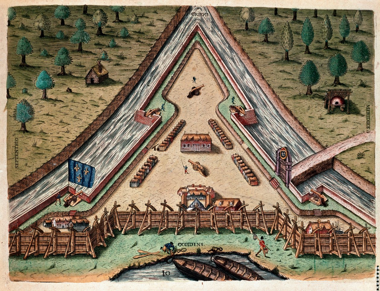 History of America: "Life of Fort Carolina, Bastion of Carolina" "Gravering fra "Admirante Narratio Americae"" av Theodore de Bry (1528-1598) etter en tegning av Jacques le Moyne (de Morgues) (1533-1588) av Theodore de Bry