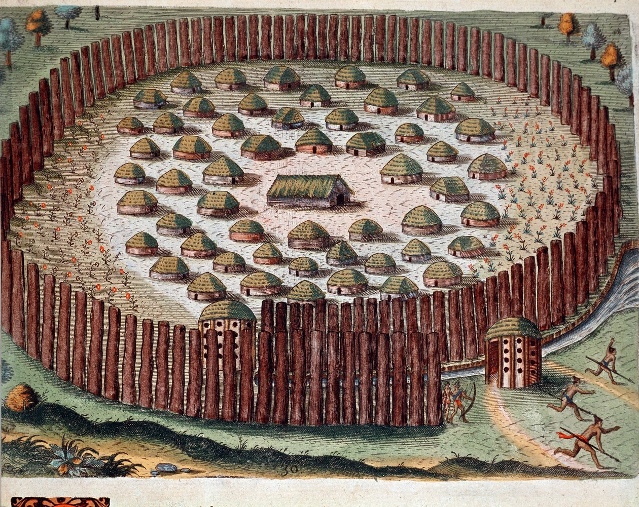 Amerikas historie: "" Representasjon av en indisk landsby befestet i Florida"" Gravering fra "" Admirante Narratio Americae"" av Theodore de Bry (1528-1598) av Theodore de Bry