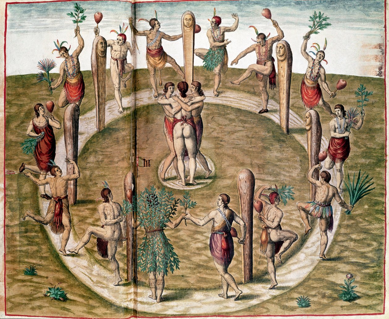 History of America: "" Rituell dans for å feire vennskap"" Gravering av Theodore de Bry (1528-1598). Vincennes fra 1500-tallet, Marinens historiske museum av Theodore de Bry