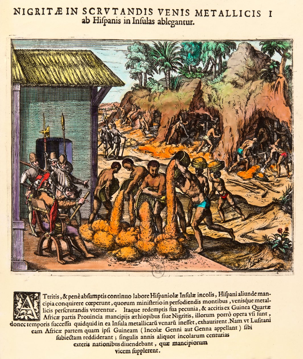 Amerikas historie: Spanjoler utnytter gullgruver. Indianerne jobber foran øynene til nybyggerne. Gravering av Theodore de Bry (1528-1598). Privat samling fra 1500-tallet av Theodore de Bry