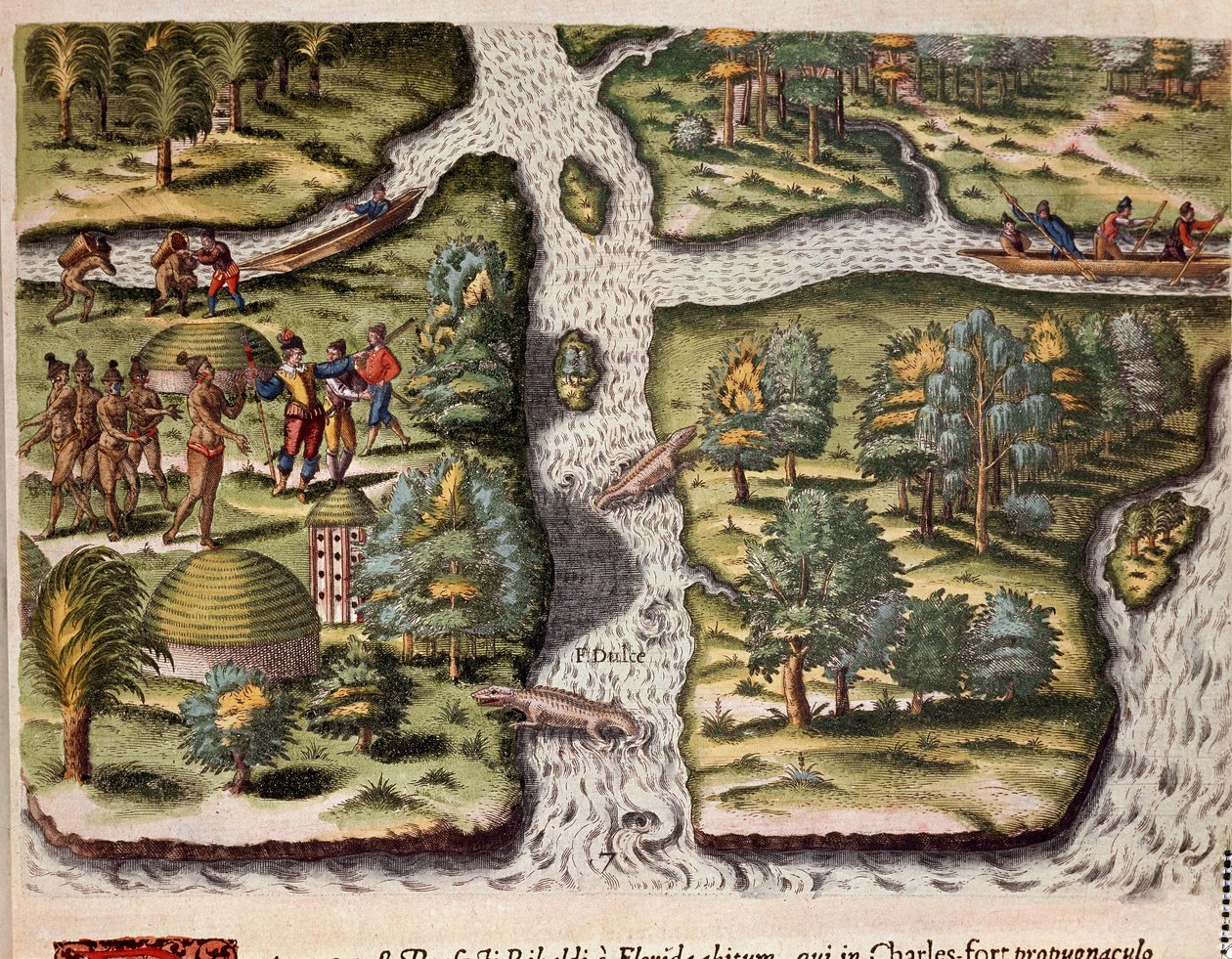 Amerikas historie: "" Franskmennene fra ekspedisjonen til Jean Ribault (eller Ribaut) bosatt i Charlesfort (Fort Carolina) gir mat til Florida-indianerne, alligatorer er representert i elvene""" Gravering fra "Admirante Narratio Americae"" ( Historie o av Theodore de Bry