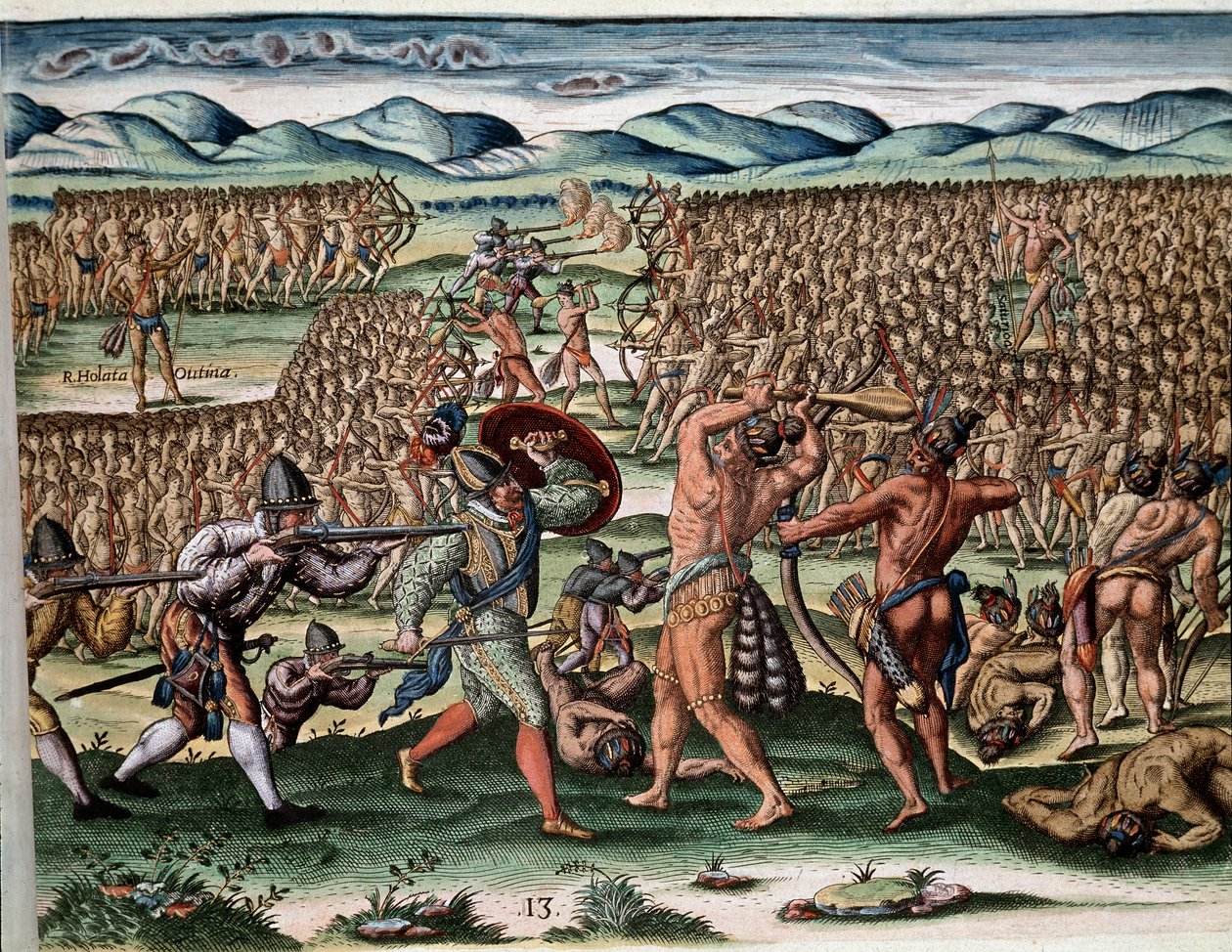 Amerikas historie: "" Soldatene til høvding Outina (eller Olata Utina) som kjemper, ved å bruke franskmennene fra ekspedisjonen til Jean Ribault (eller Ribaut), fiendens stammer til Potanou""" Gravering fra "Admirante Narratio Americae"" (Historie) ). of t av Theodore de Bry