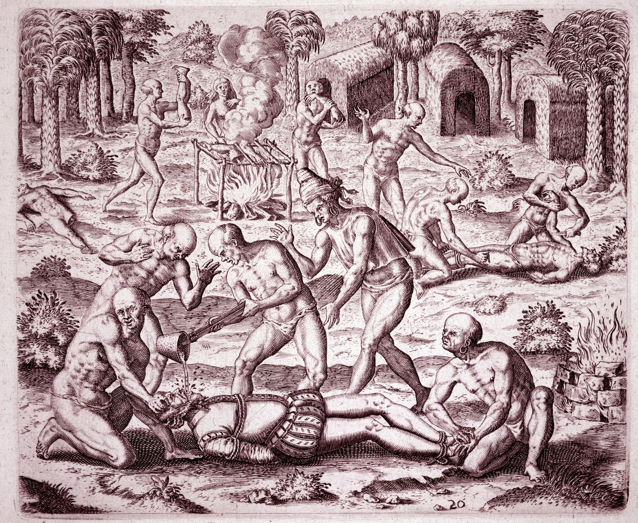 History of America: beskrivelse av torturen som indianerne påførte spanske nybyggere, helle gull i munnen deres og kuttet medlemmene deres for å spise dem (Gravering av Theodore de Bry
