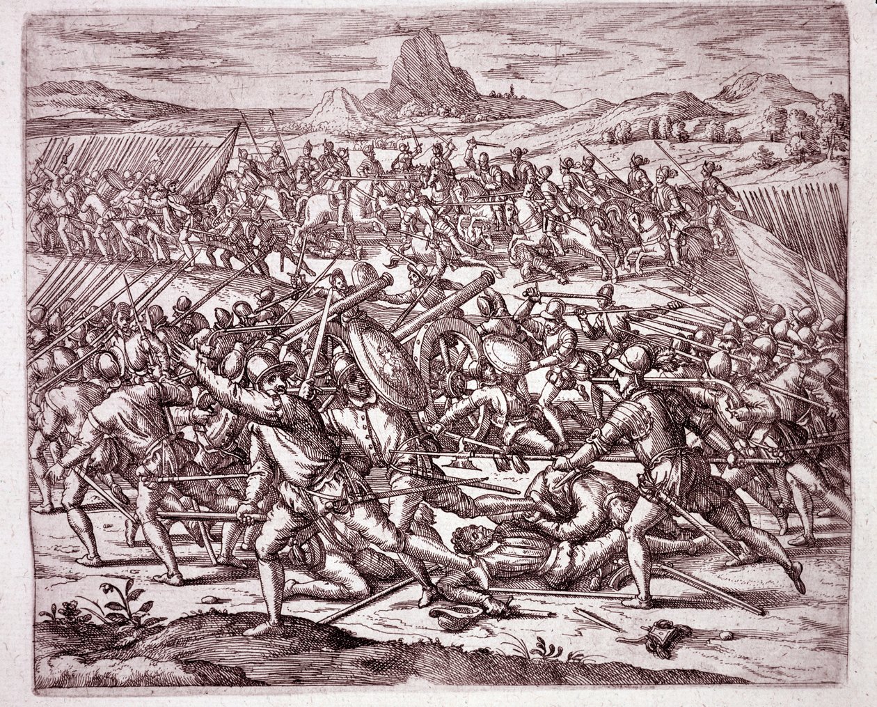 History of America: kamper mellom hærene til Vaca de Castro og Almagro junior etter døden til Francisco Pizarro og Diego de Almagro (Gravering av Theodore de Bry