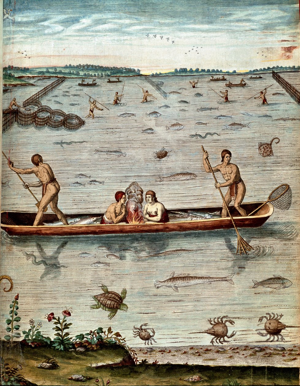 History of America: "" fiske blant innbyggerne i Virginia"" I vannet av skilpadder, krabber og forskjellige fiskevarianter. Gravering fra "Admirable Narrative Americae" av Theodore de Bry (1528-1598) av Theodore de Bry