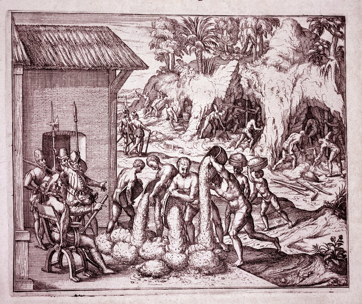 Amerikas historie: spanjolene utnytter gullgruvene (gravering av Theodore de Bry