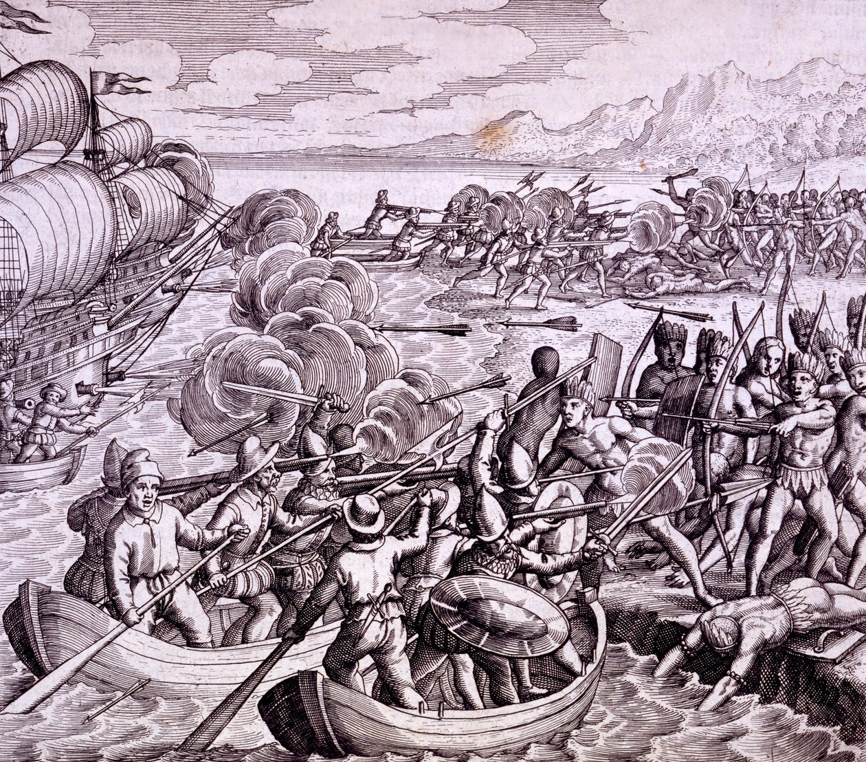 Hvordan spanjolene landet på øya Haiti, med 400 menn som ga en stor kamp med de innfødte, illustrasjon fra "Vespuccis reise til Vestindia" av Theodore de Bry