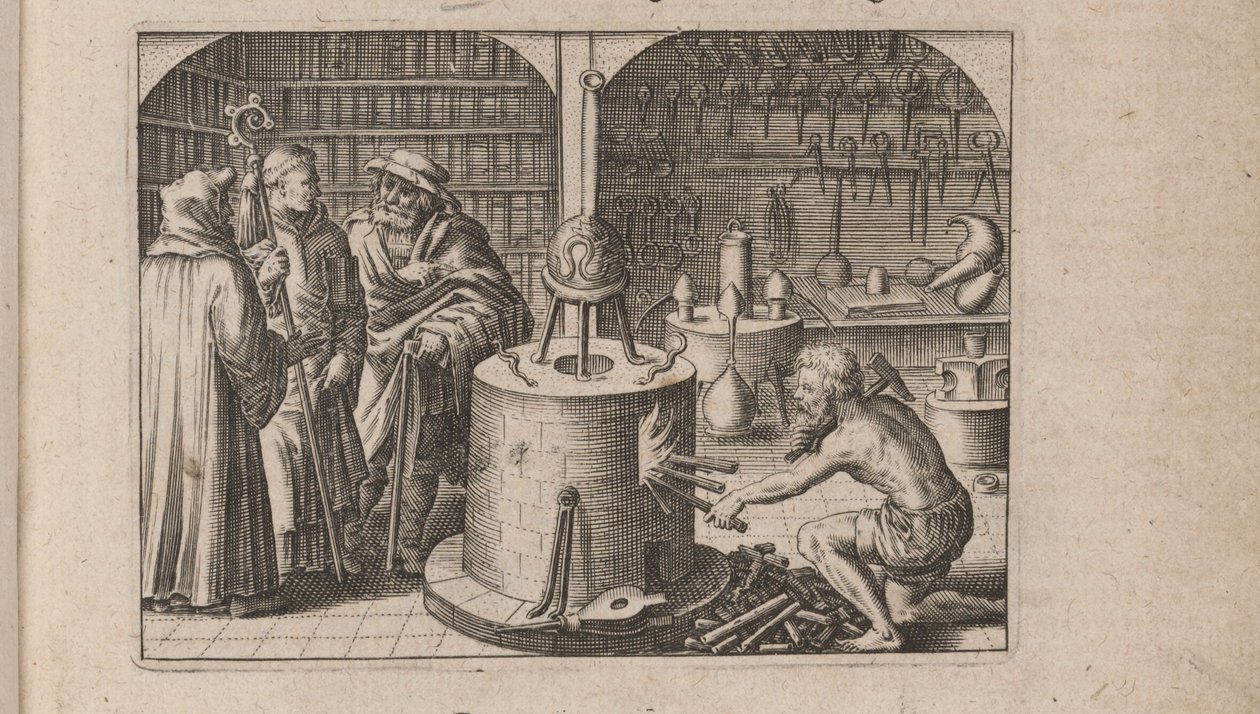 Illustrasjon for Tripus Avrevs, det vil si tre avhandlinger av utvalgte kjemikere.., 1618 av Theodore de Bry