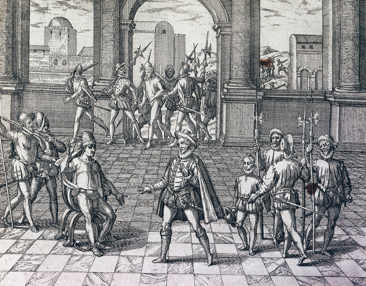 Inka-keiser Atahualpa blir tatt til fange av spanjoler i Cajamarca, Peru, gravering fra amerikansk historie av Theodore de Bry (1528-1598), Frankfurt av Theodore de Bry