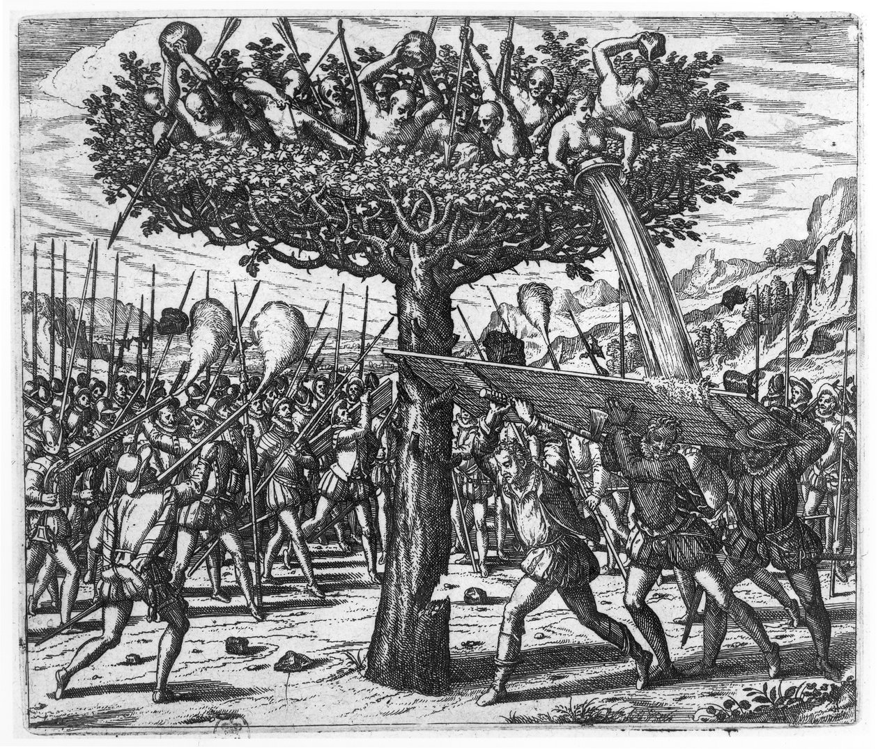 Indianere i et tre kaster prosjektiler mot spanjolene av Theodore de Bry