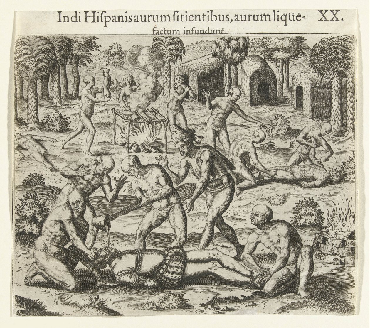 Indianere heller flytende gull inn i munnen til en spanjol, 1594. av Theodore de Bry