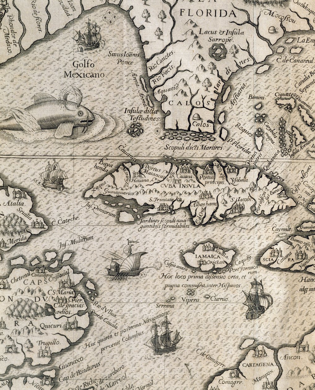 Island of Cuba, Florida og Gulf of Mexico, gravering fra History of American Grand Voyages av Theodore de Bry