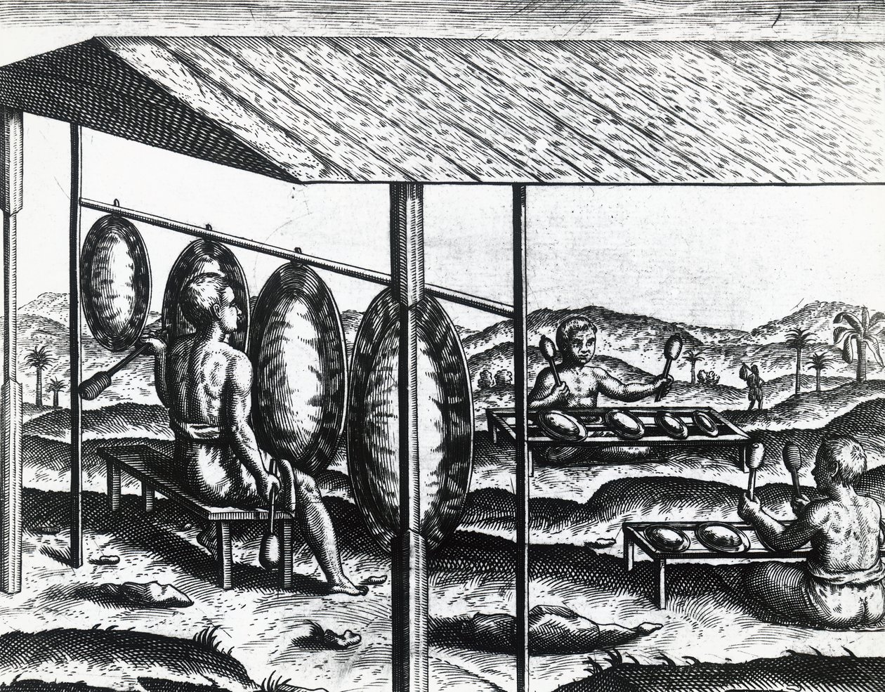 Javanesiske musikkinstrumenter, av Theodor de Bry (1528-1598), gravering av Theodore de Bry