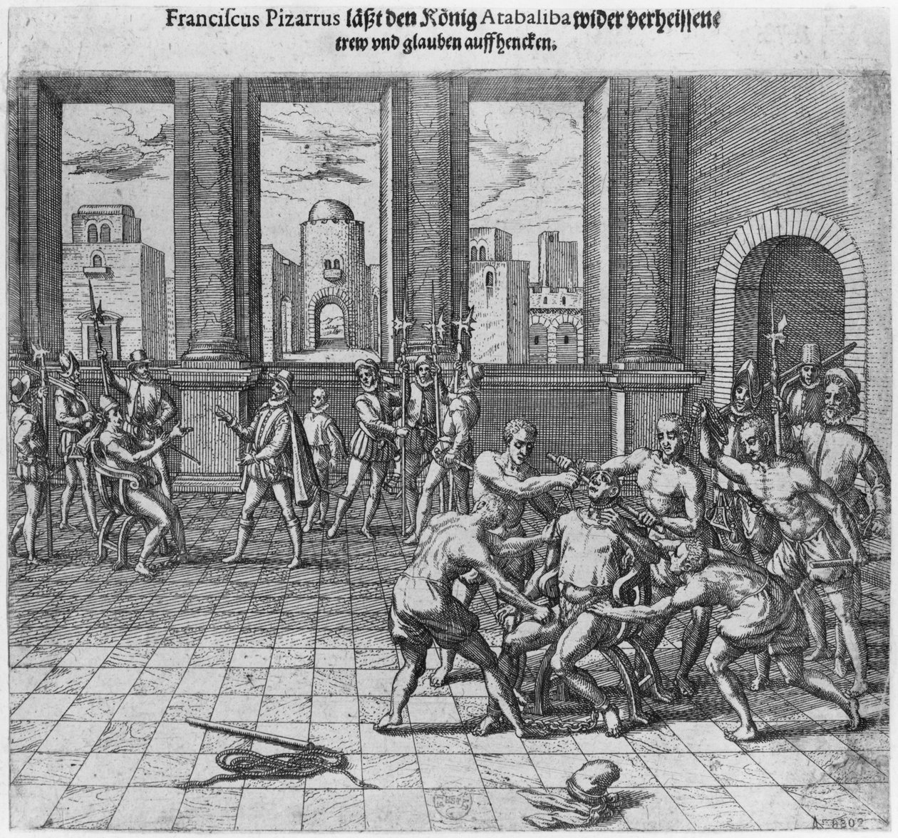 Kong Atahualpa (ca. 1502-33) henrettet i Cajamarca etter ordre fra Francisco Pizarro, 1533 av Theodore de Bry