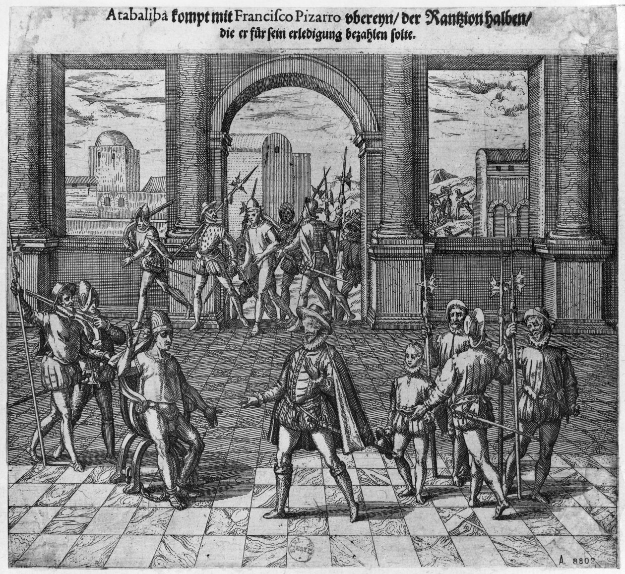 Kong Atahualpa (ca. 1502-33) behandler løsepenger med Francisco Pizarro, 1533 (gravering) (bw foto) av Theodore de Bry