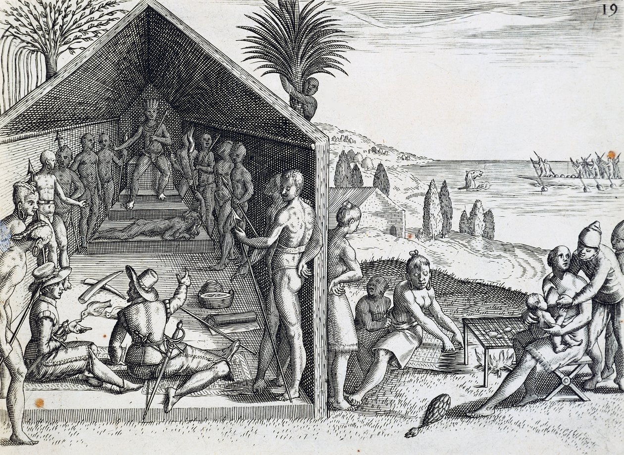 Konge som mottar europeiske besøkende, Cape Lopez, Gabon, gravering fra India orientalis av Theodor de Bry (1528-1598), Afrika av Theodore de Bry