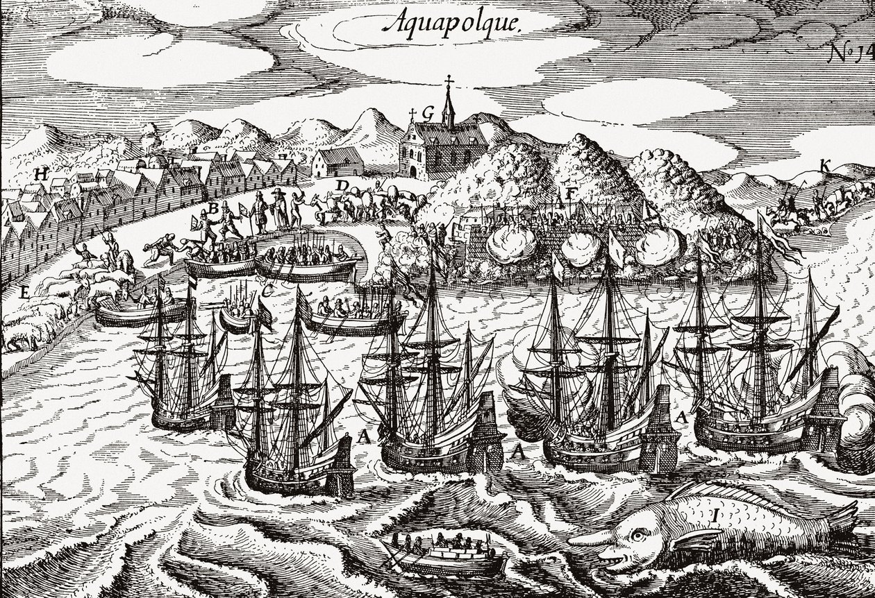 Mexico, View of Acapulco - Mexico (Aquapolque), Theodore de Bry, ca. 1630. Early view of the colonial settlement at Acapulco, which the Spanish used as the main port for their Pacific trade with the Philippines. The harbor is filled with galleons and a lar av Theodore de Bry