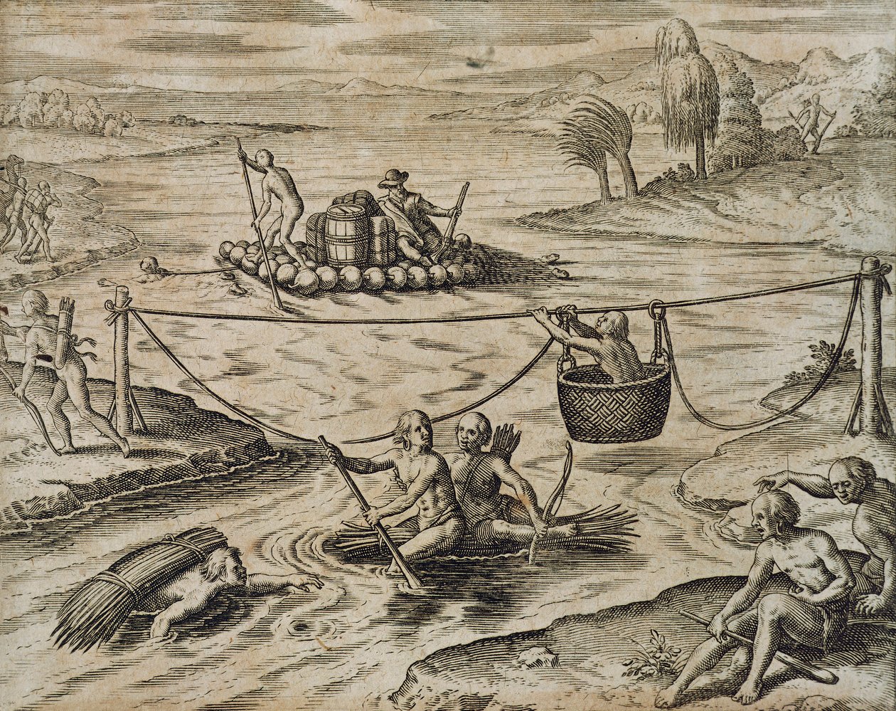 Native American Indians Going Down River Rapids, av Theodore de Bry av Theodore de Bry