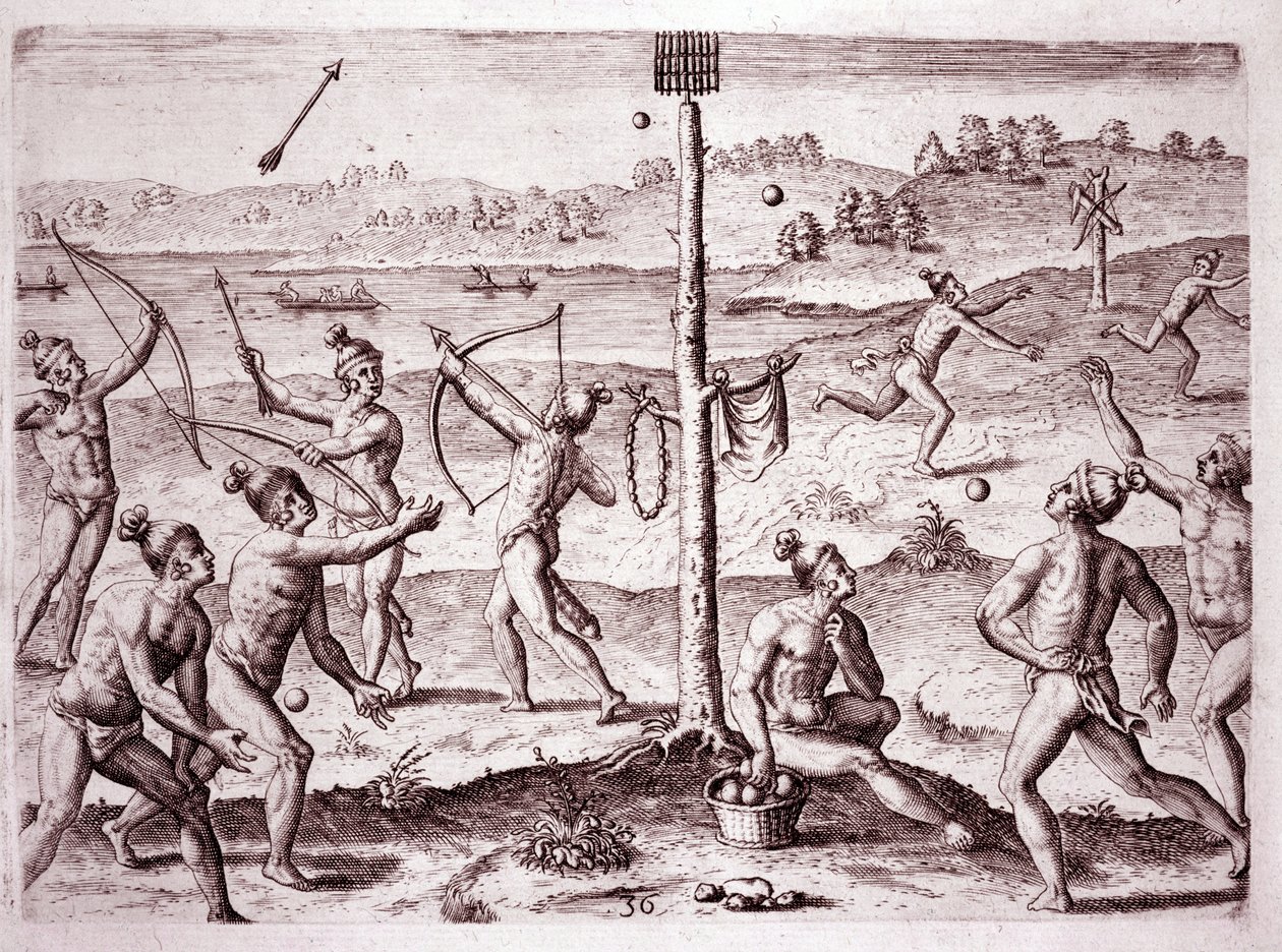 Indianere som øver på å løpe, skyte piler og kaste ball, Florida (gravering av Theodore de Bry