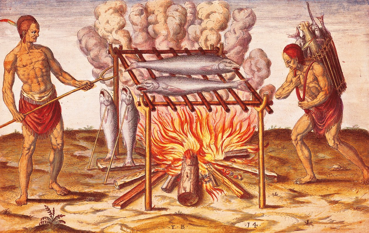 Natives lives: How Indians Cook Fish, Illustrasjon fra Admiranda Narratio av Theodore De Bry av Theodore de Bry