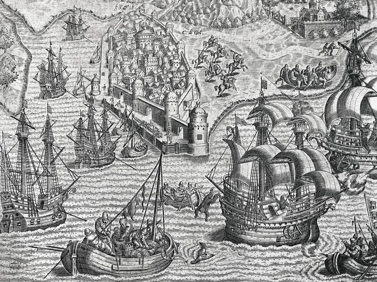 Sjøslag, gravering fra amerikansk historie av Theodore de Bry (1528-1598), Frankfurt av Theodore de Bry