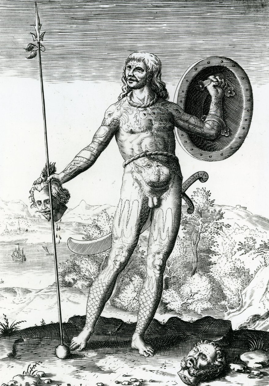 Piktisk mann som holder et menneskehode av Theodore de Bry