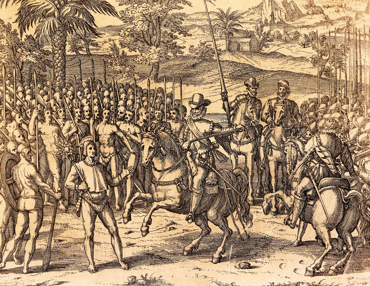 Pizarro blir ønsket velkommen av de innfødte, illustrasjon fra amerikansk historie av Theodore de Bry av Theodore de Bry