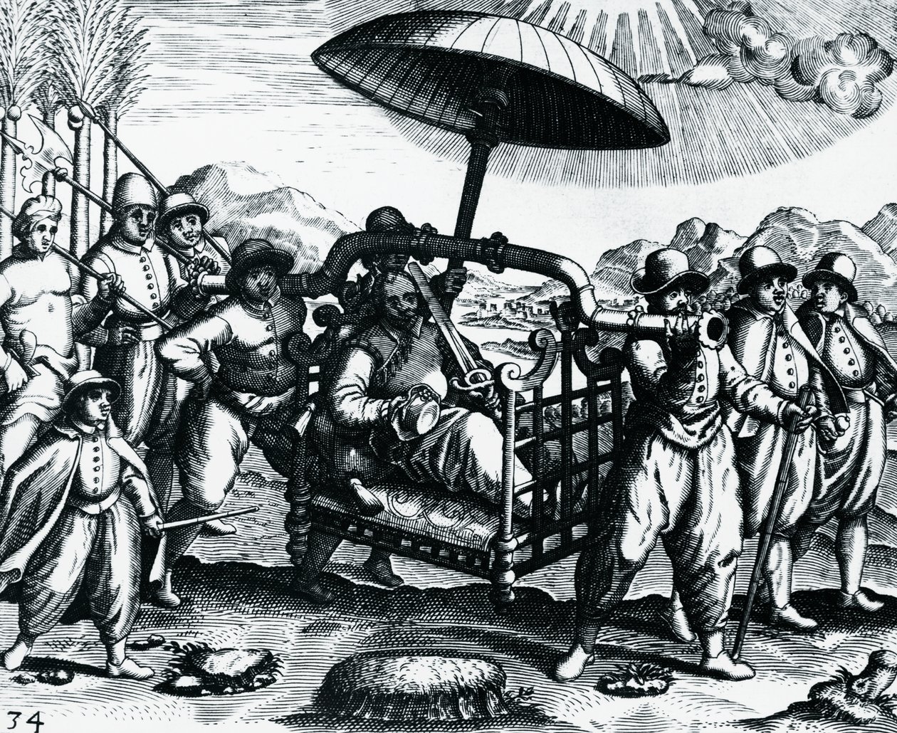 Portugisisk i India, blir transportert på søppel, gravering fra Peregrinationes, av Theodor de Bry (1528-1598), India av Theodore de Bry