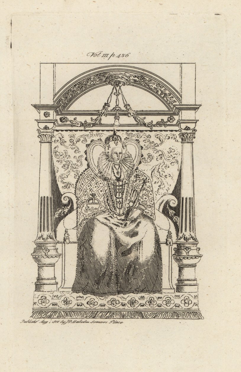 Dronning Elizabeth I av England fra et glassmaleri. av Theodore de Bry