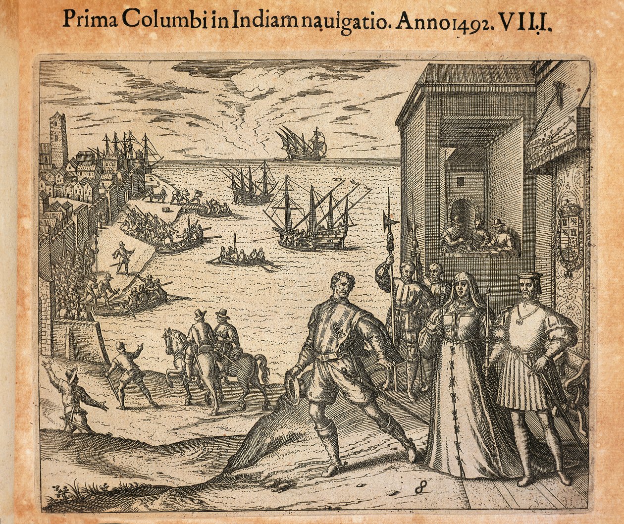 Dronning Isabel og kong Ferdinand hilser på avgangen til Christopher Columbus i Palos, Spania, gravering av Theodor de Bry (1528-1598) av Theodore de Bry